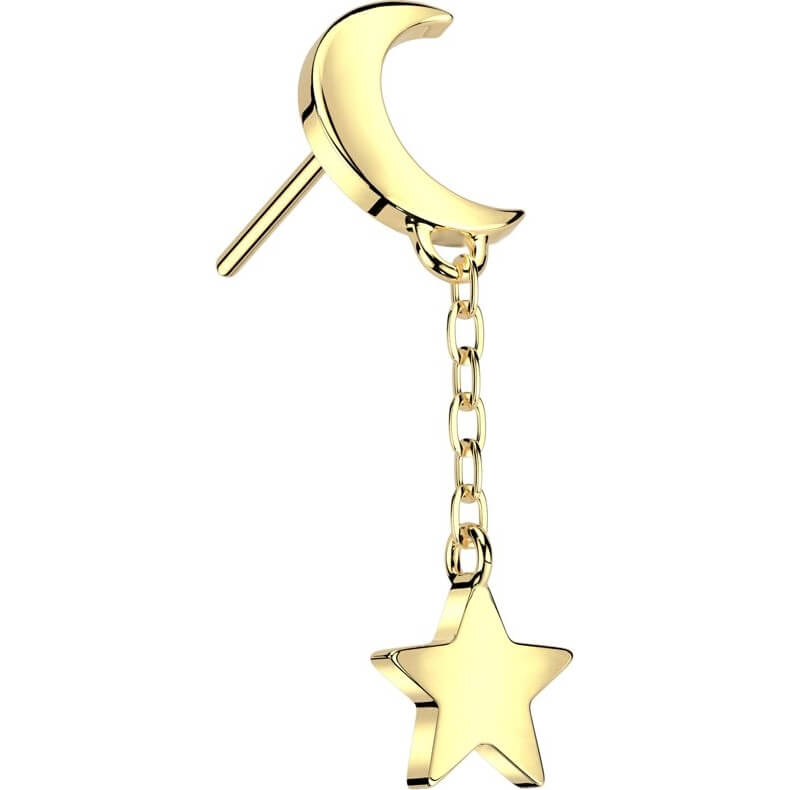 Solid Gold 14 Carat top moon star dangle Push-In