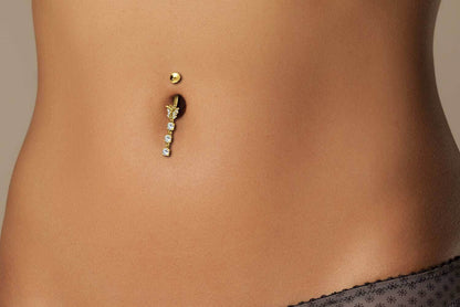 Solid Gold 18 Carat Belly Button Piercing Butterfly dangle Zirconia