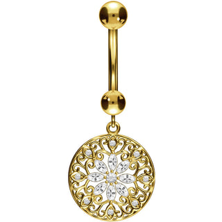 Solid Gold 18 Carat Belly Button Piercing Flower dangle Zirconia