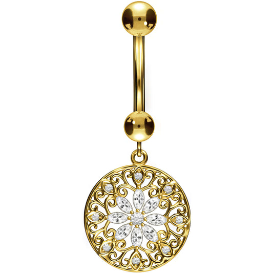 Solid Gold 18 Carat Belly Button Piercing Flower dangle Zirconia