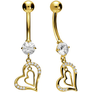 Solid Gold 18 Carat Belly Button Piercing Double Heart dangle Zirconia