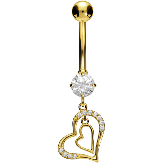 Solid Gold 18 Carat Belly Button Piercing Double Heart dangle Zirconia