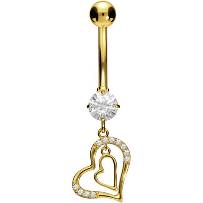 Or 18kt Piercing Nombril Pendentif Double Cœur Zircone