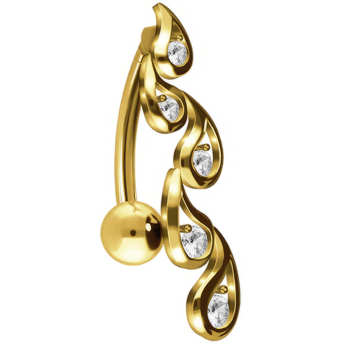 Solid Gold 18 Carat Belly Button Piercing Top Down Leaf dangle Zirconia