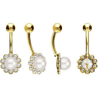 18 Karat Gold Bauchnabelpiercing Blume Echte Süßwasser Perle Zirkonia