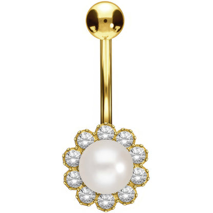 Or 18kt Piercing Nombril Fleur Authentique Perle d'Eau Douce Zircone