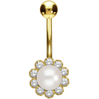 Solid Gold 18 Carat Belly Button Piercing Flower Genuine Fresh Water Pearl Zirconia