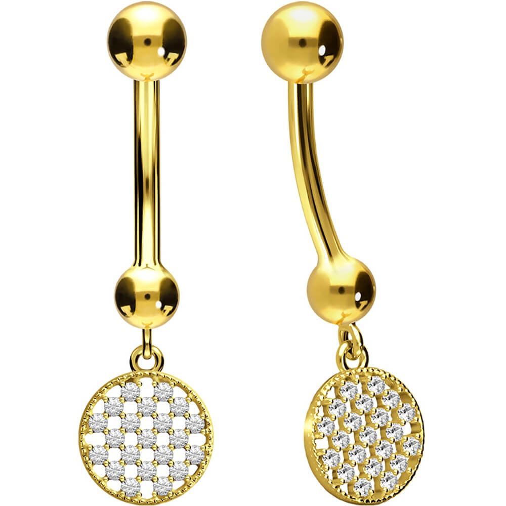 Solid Gold 18 Carat Belly Button Piercing Round dangle Zirconia