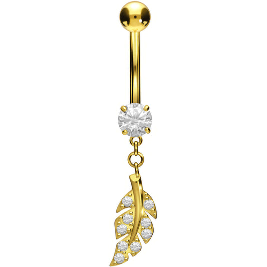 Solid Gold 18 Carat Belly Button Piercing Leaf dangle Zirconia