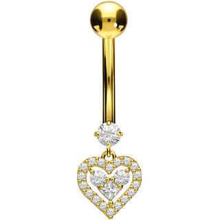 Solid Gold 18 Carat Belly Button Piercing Heart dangle Zirconia