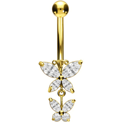 Solid Gold 18 Carat Belly Button Piercing Double Butterfly dangle Zirconia