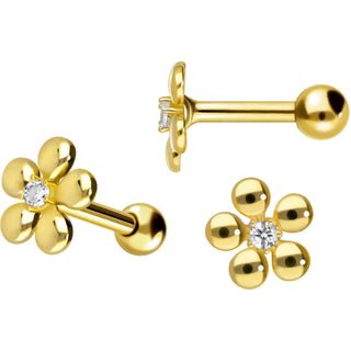 Solid Gold 18 Carat Barbell Flower Zirconia