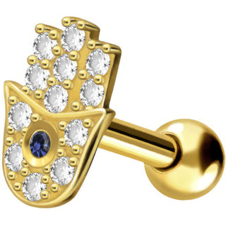 Solid Gold 18 Carat Barbell Hamsa Zirconia