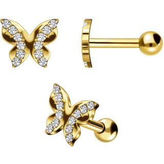 Solid Gold 18 Carat Barbell Butterfly Zirconia