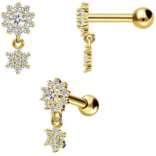 Solid Gold 18 Carat Barbell Flower dangle Zirconia