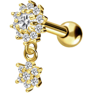 Solid Gold 18 Carat Barbell Flower dangle Zirconia